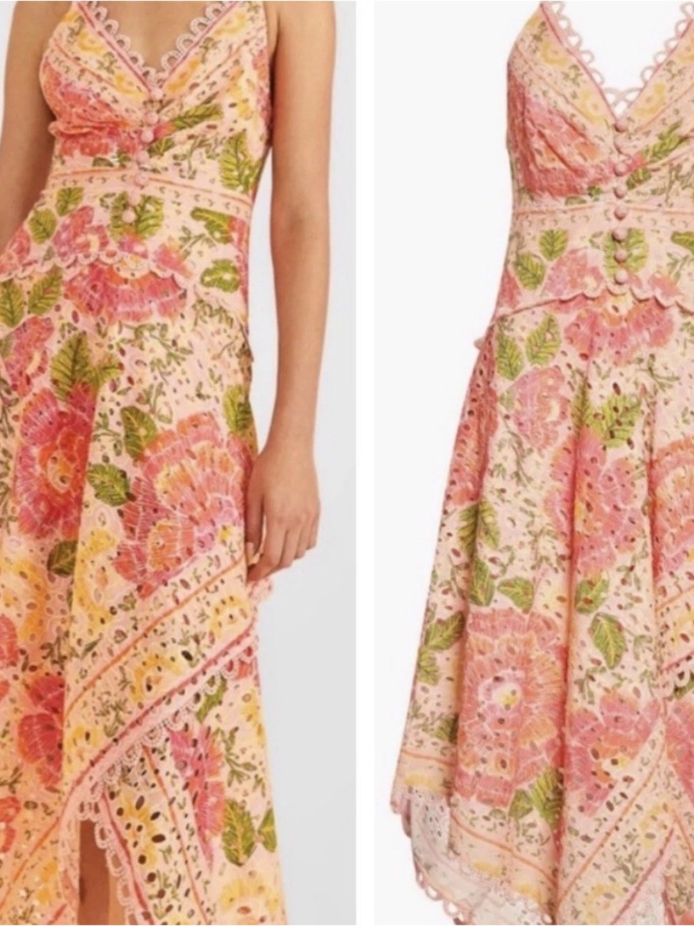 FARM Rio Pink Floral Eyelet Midi Dress with Green Leaf Print